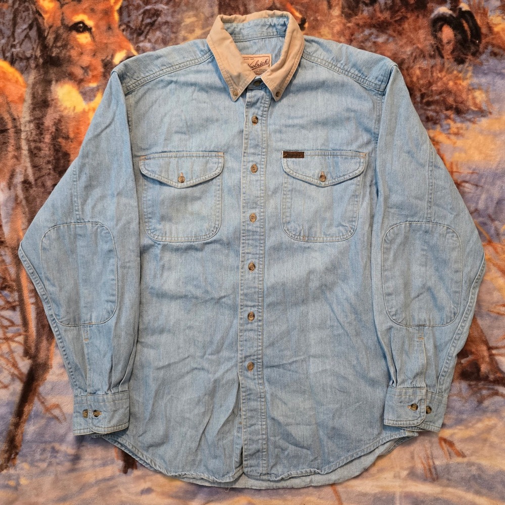 Vintage Woolrich 90s Denim Light Acid Wash Formal Button Up Shirt sz M/L